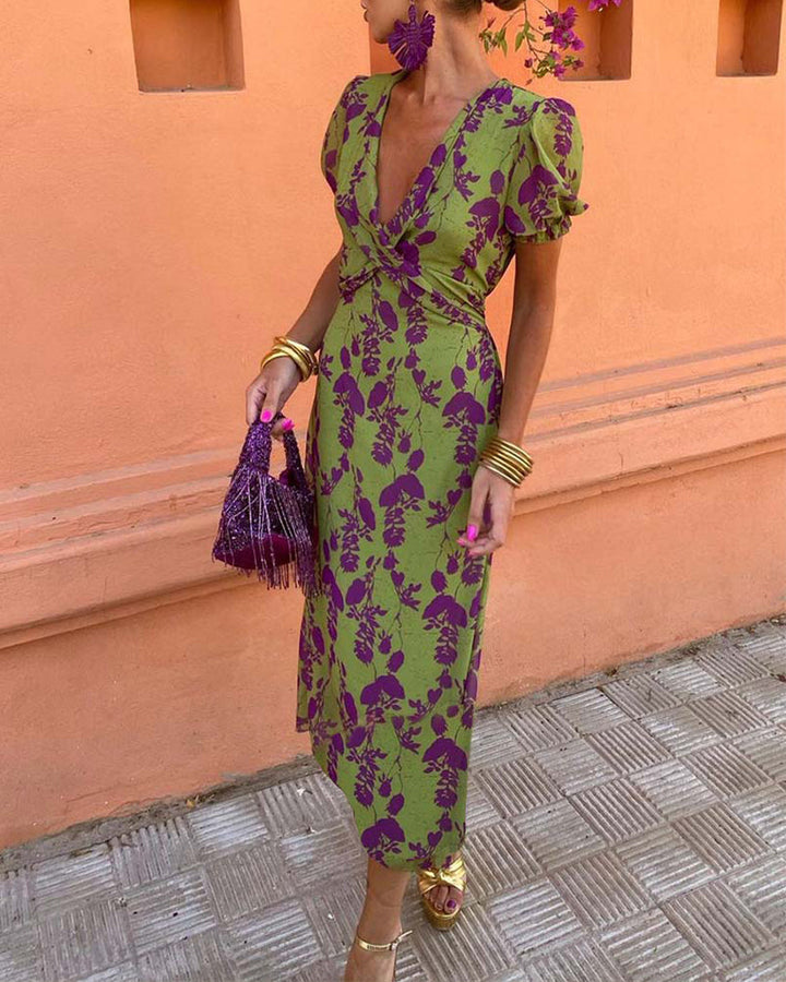 Della - Pleated Floral Print Boho Dress