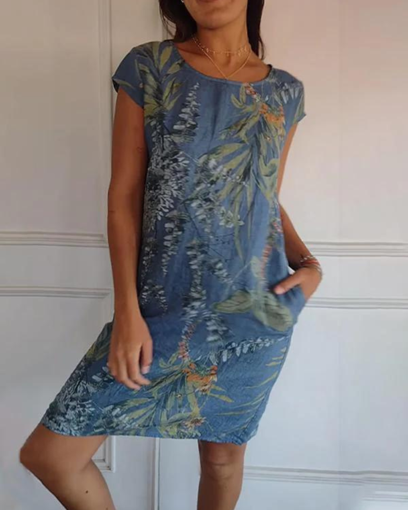 Joanna | Printed Cotton-Linen Dress with Round Neck