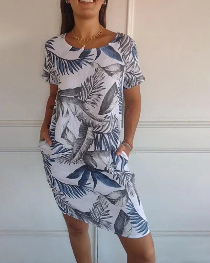 Joanna | Printed Cotton-Linen Dress with Round Neck