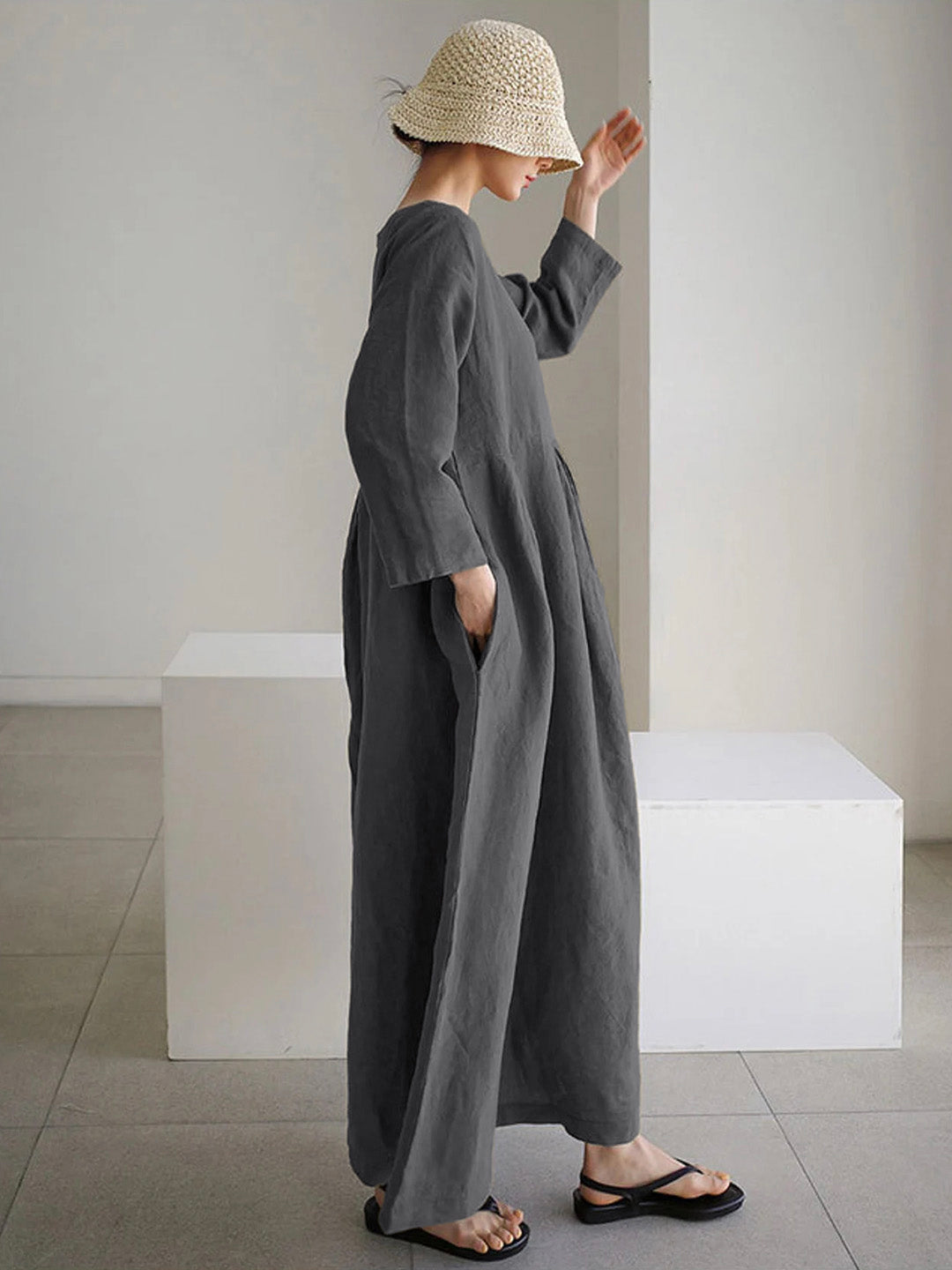 Jane – Relaxed Linen Midi Dress with Pockets