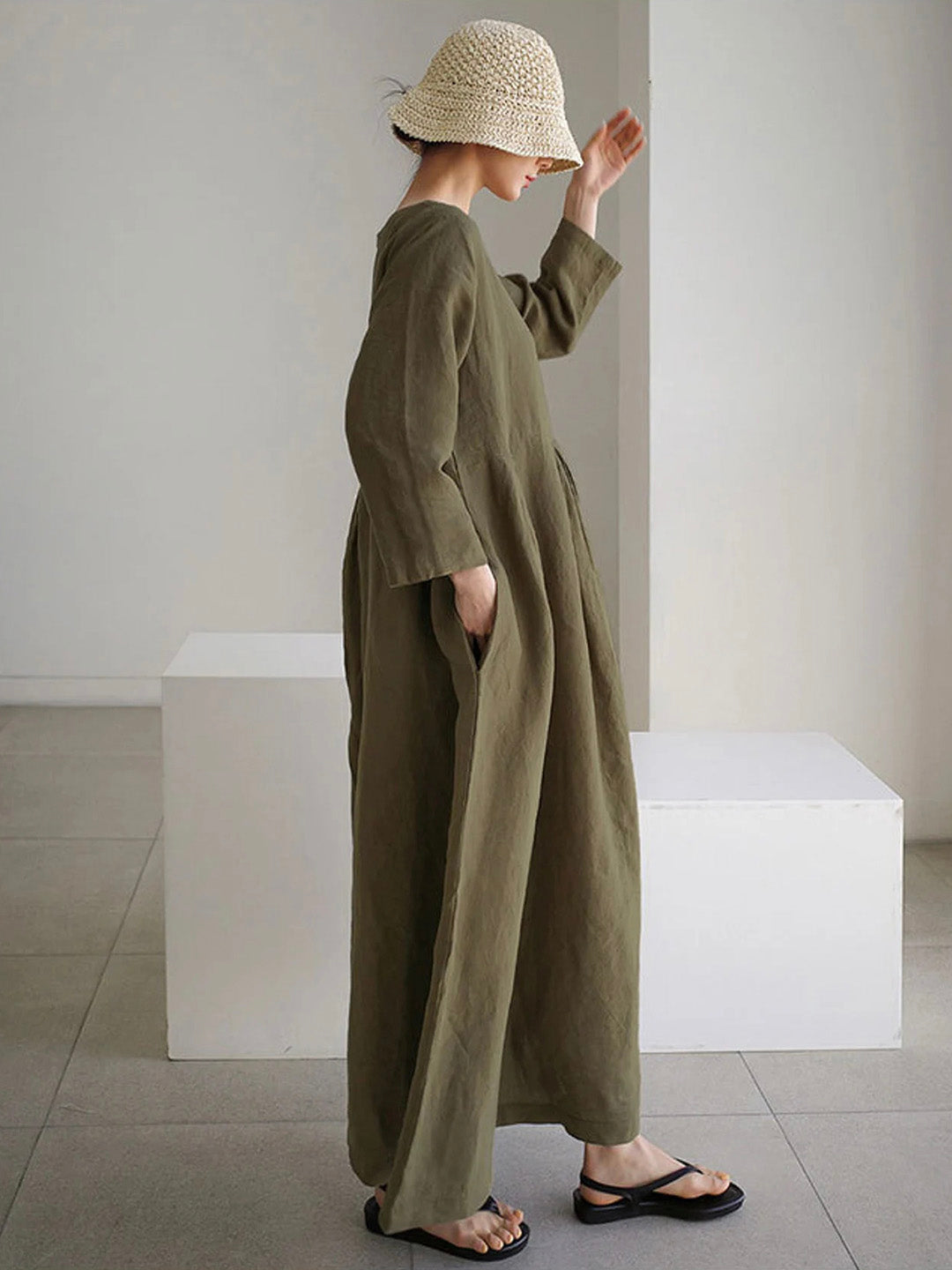 Jane – Relaxed Linen Midi Dress with Pockets